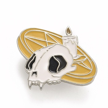 Skull and Candle Enamel Pin, Halloween Alloy Badge for Backpack Clothes, Platinum, Sandy Brown, 30x35x1.5mm, Pin: 1.2mm