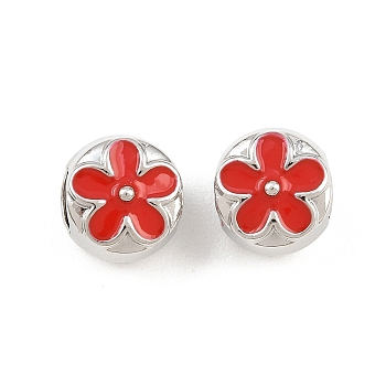 Alloy Enamel European Beads, Large Hole Beads, Rack Plating, Flat Round & Flower, Platinum, Red, 9.5x10.5x9.5mm, Hole: 4.5mm