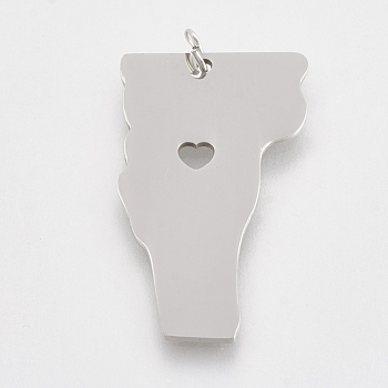 201 Stainless Steel Pendants, Map of Vermont, Stainless Steel Color, 30x18x1mm, Hole: 3mm