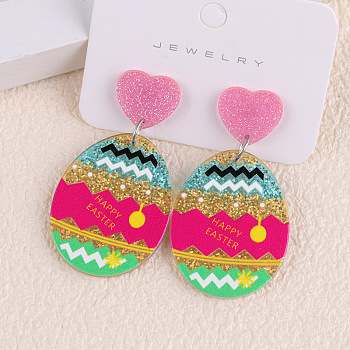 Easter Acrylic Dangle Stud Earrings, Egg with Pattern, with Glitter Powder, Colorful, 49x27mm