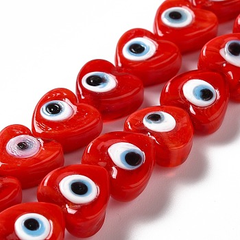 Handmade Evil Eye Lampwork Beads Strands, Heart, Red, 12x12x6mm, Hole: 1.4mm, about 33pcs/strand, 14.37''~14.57''(36.5~37cm)