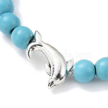 2Pcs 2 Color Tibetan Style Alloy Dolphin & Synthetic Turquoise Round Beaded Stretch Bracelets Set(BJEW-JB09895)-4