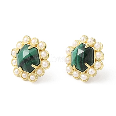 Natural Malachite Hexagon Stud Earrings with Plastic Pearl Beaded(EJEW-E287-01G-01)-3