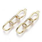 Brass Micro Pave Clear Cubic Zirconia Big Pendants, Oval Curb Chains, Nickel Free, Real 18K Gold Plated, 29x6.5mm, Hole: 1mm(X-KK-S356-063-NF)