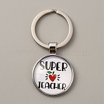 Teacher's Day Time Gem Keychain, with Alloy Findings, Half Round/Dome with Word Super Jeacher, Word, 6cm(KEYC-WH0029-51A-P)
