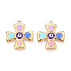 304 Stainless Steel & Enamel Pendants, Cross & Evil Eye Charms, Golden, Colorful, 26.8x23.5x4mm, Hole: 2mm(STAS-T073-64A-G)