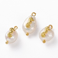 Natural Keshi Pearl Pendants, with Alloy Cabochons and Brass Loops, Nuggets with Sea Horse, Golden, 13~16x8~9x5~8mm, Hole: 2mm(PALLOY-JF00594-02)