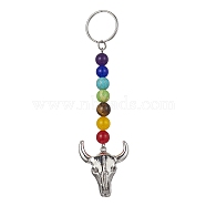 Tibetan Style Alloy Bull Head Kcychain, with Chakra Gemstone Bead and Stainless Steel Findings, 11.1cm(HJEW-JM01311-02)
