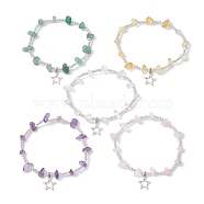 Natural Mixed Gemstone Chip & Iron Beaded Stretch Bracelets, with Alloy Star Charms, Inner Diameter: 2-1/8 inch(5.4cm)(BJEW-JB09778)