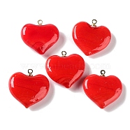 Handmade Lampwork Pendants, with Rack Plating Golden Tone Brass Findings, Long-Lasting Plated, Heart Charm, Red, 18.5x17x6.5mm, Hole: 1.4mm(LAMP-G160-01E)