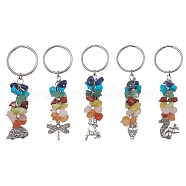 Animal Tibetan Style Alloy Pendant Keychain, with 7 Chakra Gemstone Chips and 304 Stainless Steel Split Key Rings, Mixed Shapes, 7.7~9cm(KEYC-JKC00524)