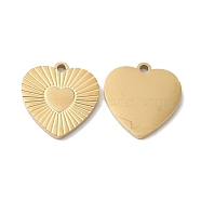 Ion Plating(IP) 316L Surgical Stainless Steel Charms, Heart Charm, Real 18K Gold Plated, 12x11.8x1mm, Hole: 1mm(STAS-H213-91G)