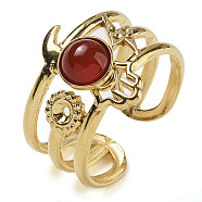 Natural Carnelian Finger Rings, Hamsa Hand 304 Stainless Steel Multi-layer Open Cuff Rings, Real 18K Gold Plated, 15mm, Adjustable(RJEW-U027-07G-04)