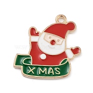 Christmas Light Gold Plated Alloy Enamel Pendants, Cadmium Free & Lead Free, Santa Claus with Word XMAS Charm, Red, 23x23x1mm, Hole: 1.8mm(ENAM-M219-02KCG)