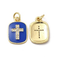 Brass Micro Pave Cubic Zirconia Pendants, with Enamel & Jump Ring, Rectangle with Religion Cross Charm, Golden, Royal Blue, 16x11x2mm, Hole: 3.3mm(KK-E068-VB448-1)