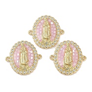 Rack Plating Brass Micro Pave Clear Cubic Zirconia Virgin Mary Connector Charms, Pink Enamel Oval Links with Shell,  Long-Lasting Plated, Lead Free & Cadmium Free, Real 18K Gold Plated, 22x22x4mm, Hole: 1.2mm(KK-U032-26G)