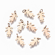 304 Stainless Steel Charms, with Jump Rings, Laser Cut, Girl, Rose Gold, 8x5.5x1mm, Jump Ring: 3x0.4mm, 2.2mm inner diameter(STAS-S116-059RG)