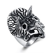 Men's Stainless Steel Finger Rings, Wide Band Ring, Triceratops, Size 9, Antique Silver, 18.9mm(RJEW-BB29840-9)