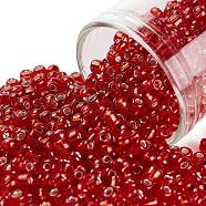 8/0 Transparent Glass Round Seed Beads, Grade A, Silver Lined, Red, 2.8~3.2mm, Hole: 1.0mm, about 15000pcs/pound(SEED-J010-F8-25)