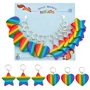 12Pcs 2 Style Striped Plastic Rainbow Heart & Star Charm Locking Stitch Markers, Silver Tone Brass Clasp Locking Stitch Marker, Colorful, 3.9~4.4cm, 6pcs/style(HJEW-PH01681)