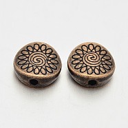 Tibetan Style Alloy Beads, Cadmium Free & Nickel Free & Lead Free, Flat Round with Flower, Red Copper, 8.5x8.5x3.5mm, Hole: 1.5mm(RLF10934Y-NF)