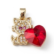Real 18K Gold Plated Rack Plating Brass Micro Pave Cubic Zirconia Pendants, with Glass, Long-Lasting Plated, Cadmium Free & Lead Free, Cat with Heart, Red, 21x19.5x7.5mm, Hole: 3.5x5mm(KK-C015-31G-07)