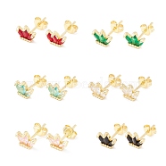 Brass Micro Pave Cubic Zirconia Stud Earring, Real 18K Gold Plated, Flower, Mixed Color, 6x8.5mm, Pin: 1mm(EJEW-C021-02G)