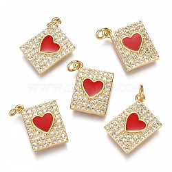 Brass Micro Pave Clear Cubic Zirconia Pendants, Long-Lasting Plated, with Jump Rings & Enamel, Rectangle with Heart, Real 18K Gold Plated, Red, 16.8x13.7x2.5mm, Hole: 3mm, jump ring: 5x1.8mm.(ZIRC-B002-30G-C)