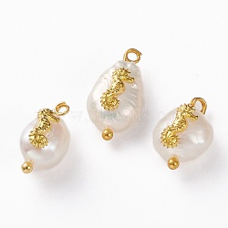 Natural Keshi Pearl Pendants, with Alloy Cabochons and Brass Loops, Nuggets with Sea Horse, Golden, 13~16x8~9x5~8mm, Hole: 2mm(PALLOY-JF00594-02)