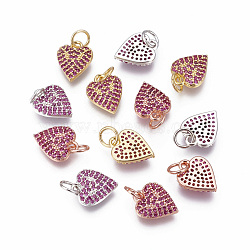 Brass Micro Pave Cubic Zirconia Charms, Heart, Magenta, Mixed Color, 11.5x9x2mm, Hole: 3~3.5mm(ZIRC-F095-11)