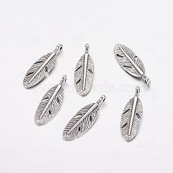 Tibetan Style Alloy Feather Pendants, Lead Free & Cadmium Free, Antique Silver, 30x9x2.5mm, Hole: 2mm(X-TIBEP-A87-AS-RS)