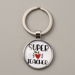 Teacher's Day Time Gem Keychain, with Alloy Findings, Half Round/Dome with Word Super Jeacher, Word, 6cm(KEYC-WH0029-51A-P)