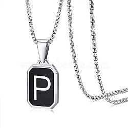 304 Stainless Steel Black Enamel Rectangle with Initial Pendant Box Chain Necklaces, Stainless Steel Color, Letter P, 23.62 inch(60cm)(WG7737E-23)