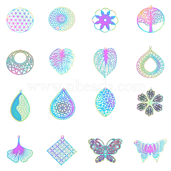 201 Stainless Steel Filigree Pendants, Etched Metal Embellishments, Mixed Shapes, Rainbow Color, 74x72x17mm, 32pcs/box(STAS-UN0003-28)
