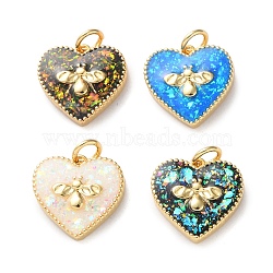 Brass Micro with Sythetic Opal Pendants, Real 18K Gold Plated, Heart with Bee Charms, with Jump Ring, Mixed Color, 14x14x3mm, Hole: 3mm(KK-S048-08G)