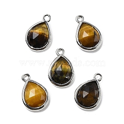 Natural Tiger Eye Faceted Pendants, Rack Plating Golden Plated Brass Teardrop Charms, 14x9.5x4mm, Hole: 1.4mm(G-U019-05P-11)