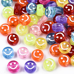 Transparent Acrylic Beads, Flat Round with White Smiling Face, Mixed Color, 10x5mm, Hole: 2mm(X-MACR-S369-004)