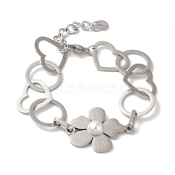 Flower & Heart 304 Stainless Steel Link Chain Bracelets for Women, with ABS Pearl Beads, Stainless Steel Color, 6-7/8 inch(17.5cm)(BJEW-I315-13P)