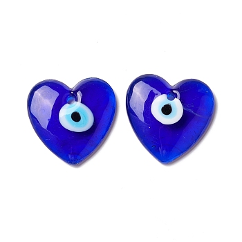 Handmade Evil Eye Lampwork Pendants, Heart, Blue, 36x35x7.5mm, Hole: 3.5mm