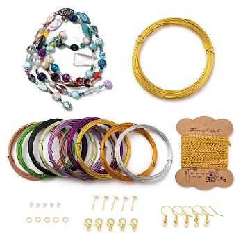 98 Piece DIY Wire Wrapped Jewelry Kits, Including Aluminum & Copper Craft Wire, Iron Cable Chains & Ear Stud Findings, Zinc Alloy Lobster Claw Clasps, Brass Earring Hooks, Glass Beads Strands, Golden