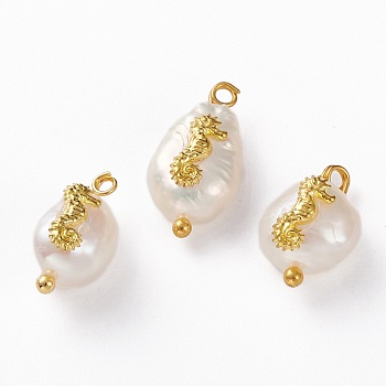 Natural Keshi Pearl Pendants, with Alloy Cabochons and Brass Loops, Nuggets with Sea Horse, Golden, 13~16x8~9x5~8mm, Hole: 2mm