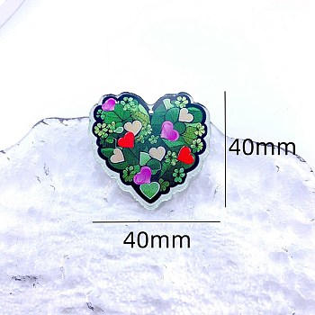 Saint Patrick's Day Acrylic Pendants, Heart with Clover, Green, Red, 40x40mm