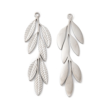 316L Surgical Stainless Steel Pendants, Leaf Charm, Textured, Stainless Steel Color, 29.5x8x0.8mm, Hole: 1mm