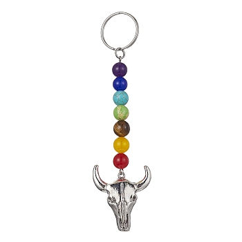 Tibetan Style Alloy Bull Head Kcychain, with Chakra Gemstone Bead and Stainless Steel Findings, 11.1cm