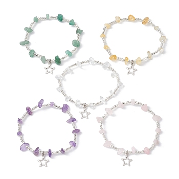 Natural Mixed Gemstone Chip & Iron Beaded Stretch Bracelets, with Alloy Star Charms, Inner Diameter: 2-1/8 inch(5.4cm)