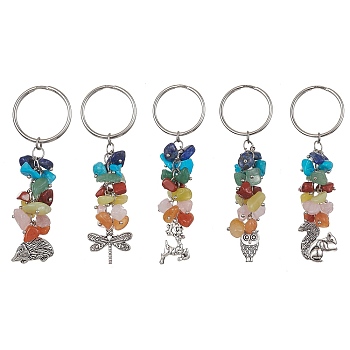 Animal Tibetan Style Alloy Pendant Keychain, with 7 Chakra Gemstone Chips and 304 Stainless Steel Split Key Rings, Mixed Shapes, 7.7~9cm