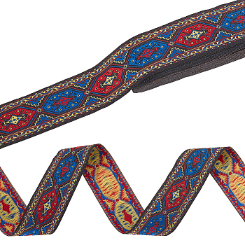10 Yards Ethnic Style Polyester Ribbon, Jacquard Ribbon, Tyrolean Ribbon, Flat, Hexagon Pattern, 1-1/4 inch(33mm)