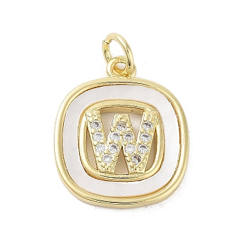 Rack Plating Brass Micro Pave Clear Cubic Zirconia Pendants, with Shell, Cadmium Free & Lead Free, Long-Lasting Plated, Real 18K Gold Plated, with Jump Ring, Letter W, 17.5x15x2.5mm, Hole: 3mm