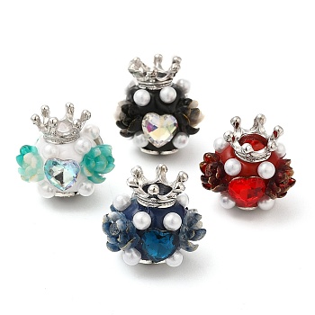 Polymer Clay Pave Rhinestone Round Beads, with Resin Flower & Crown & Imitation Pearl, Mixed Color, 21x21x19mm, Hole: 1.8mm