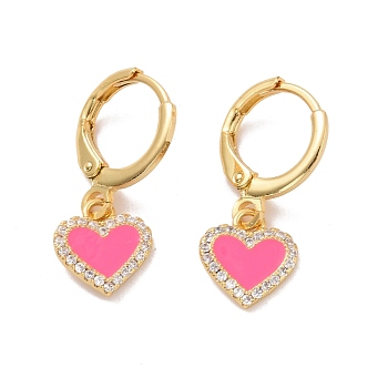 Clear Cubic Zirconia Heart Dangle Leverback Earrings with Pink Enamel, Rack Plating Brass Jewelry for Women, Cadmium Free & Lead Free, Real 18K Gold Plated, 22.5mm, Pin: 0.8mm
